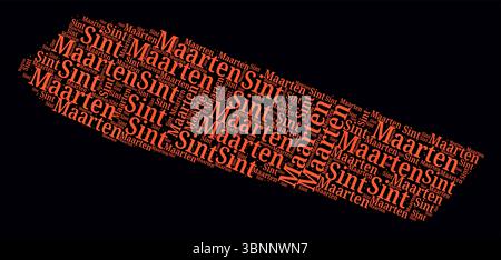 Nuages de mots des régions de Sint Maarten. Design de style néon lumineux sur fond sombre. Noms de région du pays en néerlandais. Illustration de Vecteur
