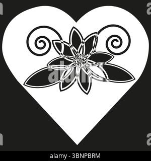 Fleur blanche en pétales. Style mandala central. Ornements en spirale ajoutés. Contours nets des pétales. Illustration de Vecteur