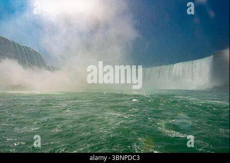 Vue au niveau du bateau approchant des chutes Niagara Horeshoe sur la rivière Niagara, avec de l'eau verte et agitée et de la brume épaisse qui s'élève des chutes en été. Banque D'Images
