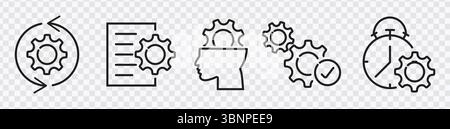 Ensemble d'icônes de processus et de flux de travail : engrenages, gestion, temps, optimisation Illustration de Vecteur