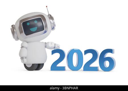 Année 2026 en trois dimensions avec robot mignon. Concept du nouvel an. illustration 3d. Banque D'Images