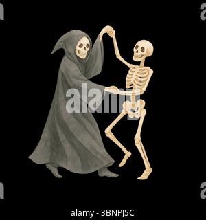 Grim Reaper et Skeleton Dancing sur fond noir – illustration d'Halloween Banque D'Images
