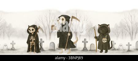 Halloween Grim Reaper and Cats in Graveyard – Cute Spooky costume Parade Banque D'Images