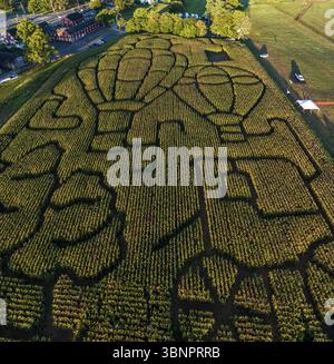 Belle vue aérienne de modèle agricole, aspiré dans un champ de noyau, faisant un labyrinthe, aucune personne n'est présent Banque D'Images