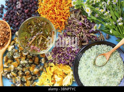 Hot herbal tea, a set of dried flowers and berries, herbs, oak bark, sea salt on old wooden table. Alternative medicine, homeopathy Banque D'Images