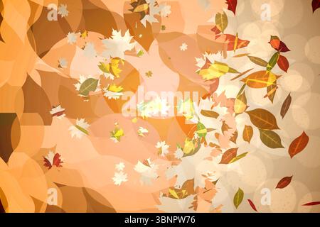 Le motif tourbillonnant des feuilles d'automne change dans la conception vectorielle plate avec un fond bokeh chaud Banque D'Images
