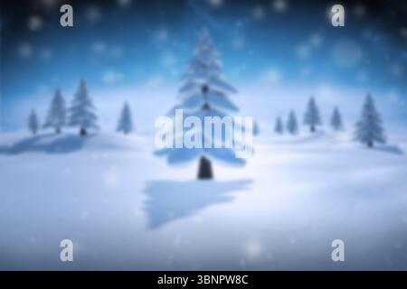 Le pin chargé de neige est debout dans un bosquet à feuilles persistantes plat avec des déneigements et des flocons de neige qui tombent Banque D'Images