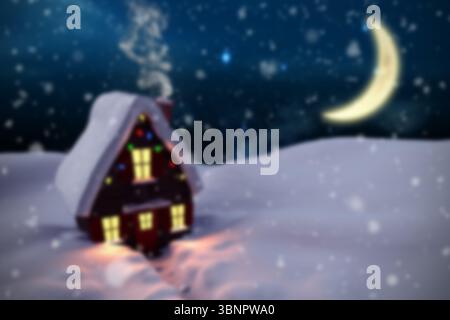 La cabine en bois brille comme la fumée monte à travers le champ de neige sous le croissant de lune dans la conception plate Banque D'Images