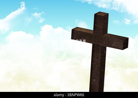 Croix en bois altérée se tient contre un ciel nuageux lumineux avec grain de bois visible, design plat Banque D'Images