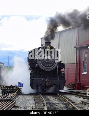 Vue sur une locomotive à vapeur ancienne réchauffant de la vapeur et de la fumée en début de matinée printanière Banque D'Images