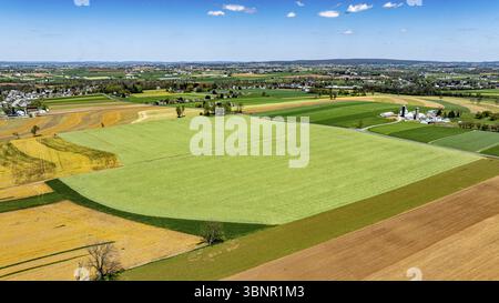 La vue capture une vaste étendue de terres agricoles avec des champs soigneusement divisés dans différentes nuances de vert et d'or. Il met en valeur un landsc rural paisible Banque D'Images