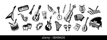 Jeu d'instruments de musique de doodle dessinés à la main. Illustration vectorielle. Fond de concert d'orchestre classique. Concept de festival jazz, rock, pop, reggae. Linoc Illustration de Vecteur