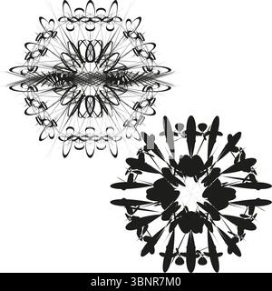 Icônes de mandala complexes. Roues florales complexes. Motif sacré symétrique. Duo orné de vecteur Illustration de Vecteur