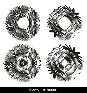 Icônes de couronne texturée. Symboles de couronne piquante. Vecteur d'anneau organique. Conception circulaire grunge. Illustration de Vecteur