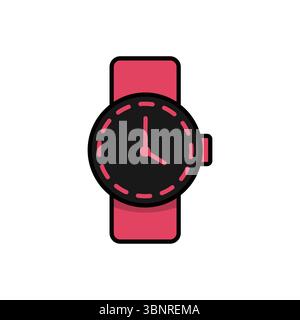 Illustration vectorielle plate moderne de montre-bracelet rouge. Icône d'horloge analogique minimaliste en noir et rouge, parfaite pour la mode, la technologie et les designs sur le thème du temps. Illustration de Vecteur