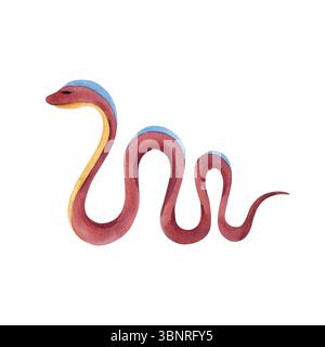 Symbole de serpent abstrait, objet. Illustration d'enfants à l'aquarelle isolée sur blanc. Couleurs rouge, bleu, jaune. Ornement ancien dessiné à la main et Banque D'Images