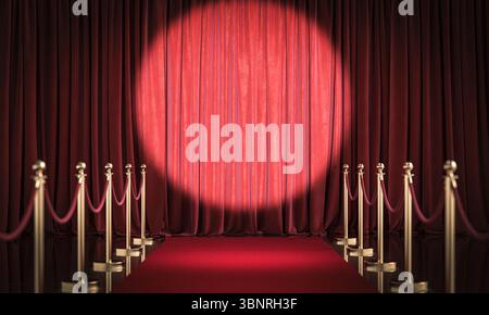 Tapis rouge menant à la scène illuminée avec des rideaux rouges 3d. Banque D'Images