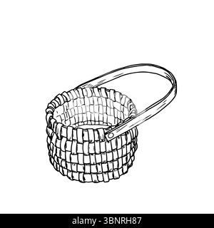 Un panier en osier fait de vignes avec une poignée, un croquis noir et blanc. Illustration vectorielle. Panier classique pour champignons, récolte, isolé sur un wh Illustration de Vecteur