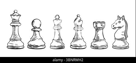 Ligne détaillée dessinée à la main des pièces d'échecs dans le style esquisse. Comprend toutes les figurines standard pour le gameplay classique et les illustrations. Illustration de Vecteur