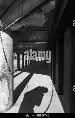 Royaume-Uni, Londres, 09 juillet 2025. Vue sous une passerelle le long de la Tamise à marée basse, avec des piliers couverts de mousse et des ombres projetées sur l'australie méridionale Banque D'Images