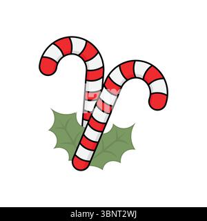 Cannes de bonbon colorées avec houx, un régal de vacances classique parfait pour Noël et des motifs festifs. Illustration de Vecteur