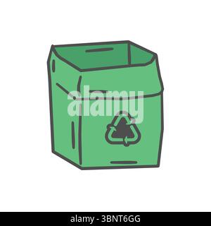 Bac de recyclage vert dessiné à la main, idéal pour les conceptions écologiques, durables et de gestion des déchets. Illustration de Vecteur