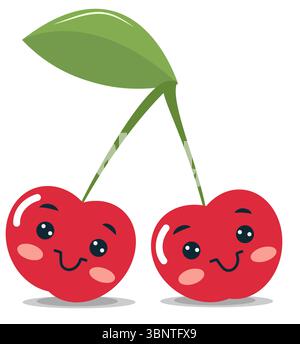 Les personnages mignons de cerise se font heureusement face dans cette illustration vectorielle colorée. Chaque cerise présente une expression souriante et une feuille verte Illustration de Vecteur