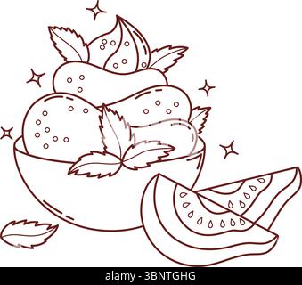 Contour crème glacée crème de dessert sucré à la goyave dans une assiette avec des tranches de menthe et de fruits tropicaux. Dessin au trait, livre de coloriage. Illustration vectorielle. Exotique fo Illustration de Vecteur