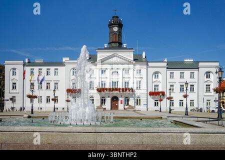 La place du Vieux marché avec fontaine et l'hôtel de ville néo-classique à Plock, Pologne Banque D'Images