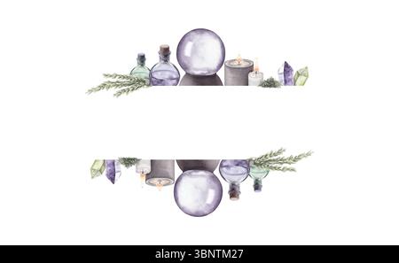 Modèle avec boule de cristal, bougies, potions et herbes. Aquarelle illustration dessinée à la main. Banque D'Images