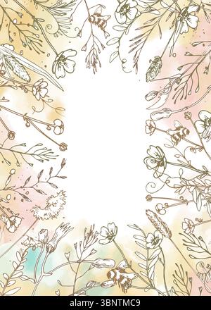 Cadre de modèle floral vertical avec fond aquarelle doux et fleurs sauvages dessinées à la main. Mise en page botanique parfaite pour les étiquettes de produits écologiques, les cartes et Illustration de Vecteur