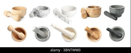 Différents mortiers et pilons isolés sur blanc, collage. Vue de dessus et de côté Banque D'Images