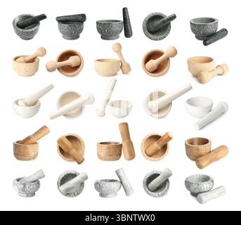 Différents mortiers et pilons isolés sur blanc, collage. Vue de dessus et de côté Banque D'Images