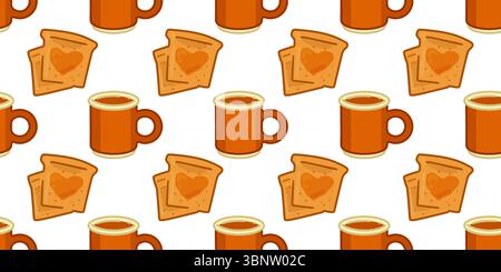 Motif thé sans couture pour le petit-déjeuner. Motif sans couture avec tasses à thé orange de dessin animé et toasts avec confiture en forme de coeur. Illustration de style plat dans chaud Illustration de Vecteur