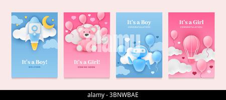 Douche de bébé. Carte d'annonce de naissance pour garçon ou fille. Conception d'enfant d'anniversaire 3D ou vacances de nouveau-né. Fête de naissance pour tout-petits. Jouet de rendu. Bannière de vœux de vacances. Ensemble vecteur de cartes postales roses ou bleues mignonnes Illustration de Vecteur