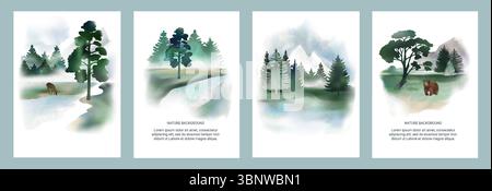 Forêt d'aquarelles. Montagne nature verte. Oiseau et sapin dans le paysage du ciel pour la carte d'invitation. Livre écologique. Animal sauvage. Ours ou cerfs à la rivière. Voyage de randonnée. Affiche de conception de peinture. Arrière-plans vectoriels définis Illustration de Vecteur