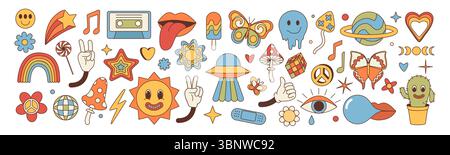 Autocollants musicaux. Fleurs disco psychédéliques des années 70, ufo rétro et champignon funky smiley. ambiance des années 1970, style groovy. Aimez le cœur et les yeux. Illustration isolée de style plat de dessin animé vectoriel. Ensemble de conception vectorielle Illustration de Vecteur