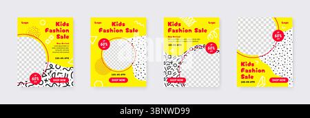 Les enfants postent. Bannière de médias sociaux. Affiche créative ou mise en page de vente de mode. Cadre circulaire transparent. Promotion de vêtements mignons pour le web. Fond de shopping de vêtements pour enfants. Jeu de cartes de magasin en ligne vectoriel Illustration de Vecteur