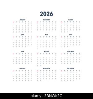 Calendrier Planner 2026 en langue anglaise. Début de semaine Sundey, modèle de planificateur de conception d'entreprise. Illustration de Vecteur