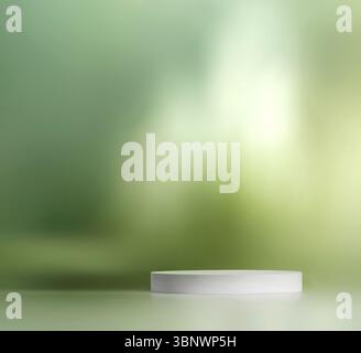 Socle d'affichage circulaire blanc sur fond dégradé vert légèrement flou Banque D'Images