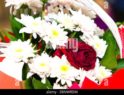 Fleurs de rose blanche et rouge dans le panier en rotin Banque D'Images