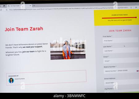 4 juillet 2025. Angleterre, Royaume-Uni. L’ex-députée travailliste Zarah Sultana, députée de Coventry South, a annoncé qu’elle envisageait de fonder un nouveau parti de gauche car elle n’est pas satisfaite du gouvernement pour son incapacité à améliorer la vie des gens. Elle est en discussion avec l'ancien chef travailliste Jeremy Corbyn au sujet de la fondation du nouveau parti. Sur la photo : le site Web de Join Team Zarah.page sur action Network. Banque D'Images