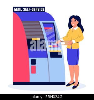 Femme utilisant le casier d'expédition libre-service. Illustration vectorielle. Femelle avec boîte postale près de la chute automatique de colis. Concept pour les services de livraison, ecomm Illustration de Vecteur