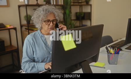 Femme parlant au téléphone dans un bureau moderne entouré de livres et de plantes montrant l'accent sur la communication d'entreprise et le décor de l'espace de travail. Banque D'Images