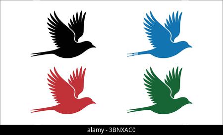 Silhouettes colorées d'oiseaux volants en noir, bleu, rouge et vert sur fond blanc Illustration de Vecteur