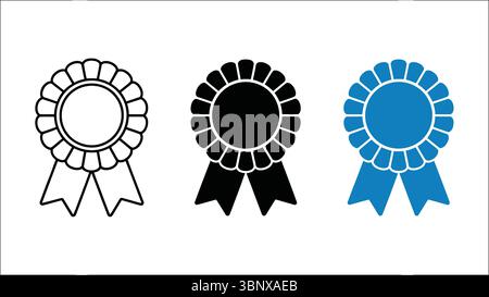 Icônes de badge de récompense dans les styles de contour, noir et bleu avec ruban et fond d'étoile Illustration de Vecteur