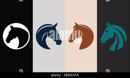 Icônes de silhouette de tête de cheval en cercle avec un style moderne en noir, bleu, marron et vert Illustration de Vecteur