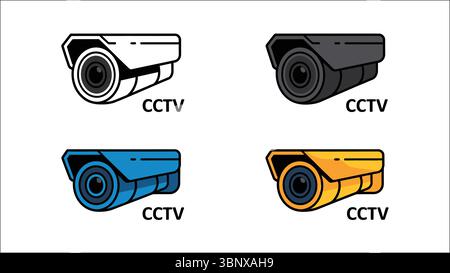 Icône de caméra CCTV avec quatre styles noir, gris, bleu et jaune, contour gras, texte ci-dessous Illustration de Vecteur