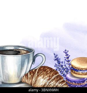 Encadrer avec une photo d'une tasse de café, des biscuits aux amandes et des croissants. Illustration d'aquarelle dessinée à la main. Cuisine française. Pour emballage, cartes postales Banque D'Images