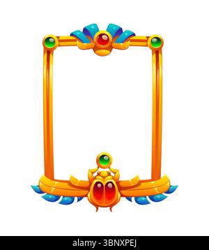Cadre en or égyptien de dessin animé avec scarabée et pierres précieuses, actif d'icône de jeu de l'Égypte ancienne, symboles gui vintage et trésor, frontière d'interface de fantaisie historique inspirée par l'art et la mythologie égyptiens Illustration de Vecteur